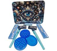Mystic City Evil Eye metal rolling tray set with accessories, Wise Skies papers, rolling tips, storage tubes and a crusher, celestial galaxy design gift set.