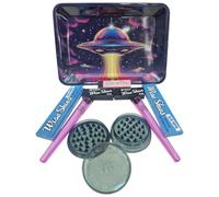 Mystic City UFO Metal Rolling Tray set with add on stuff, Wise Skies papers, little rolling tips and storage tubes, plus a crusher It comes as a colourful spacecraft galaxy design gift set