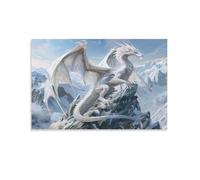 Mystic Dragon Canvas Wall Art, White Vintage Animal Nature Snow Mountain Painting Print on Textured Canvas, Wall Poster Artwork for Living Room Bedroom Office Decor Unframe 08x12inch(20x30cm)