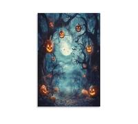 Mystic Forest Pumpkin Canvas Wall Art, Full Moon Halloween Nightscape Picture Painting on Canvas, Print Poster Decoration Artwork for Home Living Room Bedroom Wall Decor Unframe 16x24inch(40x60cm)