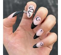 Mystic Gothic Press on Nails Short Oval Fake Nails - 24pcs Handmade False Set with Black Glitter French Tips, Star Details & Cat Eye Effect, Eco-Friendly ABS for Women DIY Art