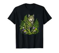 Mystic Green Wolf Surrounded By Forest Ferns T-Shirt