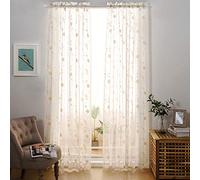 MYSTIC-HOME Embroidery White Sheer Curtains 84 Inches Long, Rod Pocket Sheer Drapes Bedroom, 2 Panels, Semi Crinkle Voile Window Treatments Floral White, 52" Wx84 L