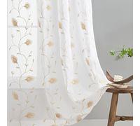 MYSTIC-HOME Floral Embroidery Beige Sheer Curtains 84 Inches Long, Rod Pocket Sheer Drapes Bedroom, 2 Panels, Semi Crinkle Voile Window Treatments Tulip Beige, 52" Wx84 L