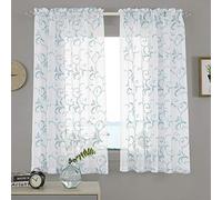 MYSTIC-HOME Floral Embroidery Sheer Curtains Blue 45 Inch Length, Vintage Rod Pocket Voile Drapes Treatments Semi Crinkle Curtain Panels for Villa, Parlor, Set of 2, Blue, 52" Wx45 L