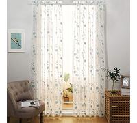 MYSTIC-HOME Floral Embroidery Sheer Curtains Blue 95 Inches Long, Window Treatments Rod Pocket Drapes Bedroom, Semi Crinkle Voile Curtain Panels Set of 2, Floral Blue, 52" Wx95 L