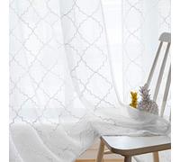 MYSTIC-HOME Sheer Curtains White 63 Inches,Embroidered Moroccan Tile Lattice Design Rod Pocket Voile Drapes Treatment Crinkle Curtain Panels for Villa, Parlor, Set of 2, Trellis White, 52" Wx63 L