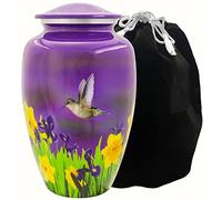 Mystic Hummingbird Adult Urn for Ashes - 200 Cubic Inch Capacity Cremation Urn - Large Metal Urn for Human Ashes - Gorgeous Purple Urn with Yellow Flowers and Gray & Blue Hummingbird
