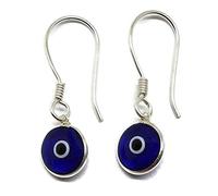 Mystic Jewels 925 Sterling Silver Drop Earrings - Round Turkish Eye for Good Luck (Dark Blue)