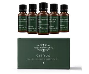 Mystic Moments | Citrus Organic Essential Oil Gift Starter Pack 5x10ml | Citronella, Lemon, Mandarin Red, Orange Sweet, Petitgrain | Perfect as a Gift