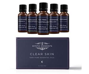 Mystic Moments | Clear Skin Essential Oil Gift Starter Pack 5x10ml | Bergamot Bergaptene Free, Lavender English, Oregano, Rosemary French and Tea Tree Australian | Perfect as a Gift