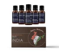 Mystic Moments | Essential Oils of India Gift Starter Pack | 5 x 10ml Pure Aromatherapy Oils - Patchouli Pogostemon cablin, Sandalwood, Ginger, Black Pepper & Jasmine | Warm Exotic Home Ambience