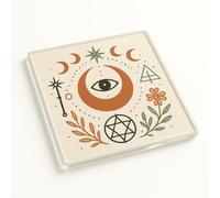 Mystic Moon Art Acrylic Coaster Gift for Halloween - Enchanting Pagan Symbols, Moon Phases, Boho Line Art Home Decor