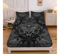 Mystic Moth Fitted Sheets - Gothic Brocade Super King Bed Fitted Sheet, Bed Sheets Extra Deep Pocket 12 Inch (30 Cm) Microfiber Brushed Charcoal Gray Sheet Soft Comfortable