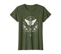 Mystic Moth in Front of Moon Roses Occult Gothic Simple Dark T-Shirt, Women, Olive Green, X-Small