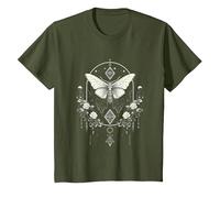 Mystic Moth in Front of Moon Roses Occult Gothic Simple Dark T-Shirt, Youth, Olive Green, Medium