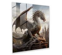 Mystic Protector: Glass Print of a Mighty Dragon at a Castle's Gate, 12" x 12"