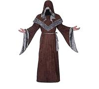 Mystic Sorcerer Robe Halloween Cosplay Costumes for Men, Adult Medieval Retro Uniform Vintage Renaissance Clothes with Hooded Cape, Male Priest Outfit Wizard Cloak Monk Robes (Brown, XXL)