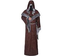 Mystic Sorcerer Robe Halloween Cosplay Costumes for Men, Adult Medieval Retro Uniform Vintage Renaissance Clothes with Hooded Cape, Male Priest Outfit Wizard Cloak Monk Robes (Brown, XXXL)
