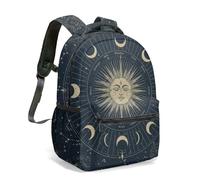 Mystic Sun Face Moon Phases Celestial 16 Inch Backpack, Black and White Vintage Astrology Constellation Stars Night Sky Daypack (04)