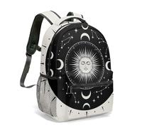Mystic Sun Face Moon Phases Celestial 16 Inch Backpack, Black and White Vintage Astrology Constellation Stars Night Sky Daypack (03)
