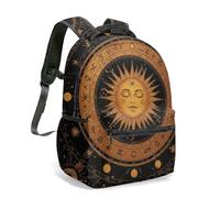 Mystic Sun Face Moon Phases Celestial 16 Inch Backpack, Black and White Vintage Astrology Constellation Stars Night Sky Daypack (07)