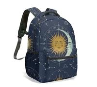 Mystic Sun Face Moon Phases Celestial 16 Inch Backpack, Black and White Vintage Astrology Constellation Stars Night Sky Daypack (05)