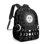 Mystic Sun Face Moon Phases Celestial 16 Inch Backpack, Black and White Vintage Astrology Constellation Stars Night Sky Daypack (01)