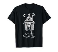 Mystical Baba Yaga Pizza Cottage Linocut Art T-Shirt