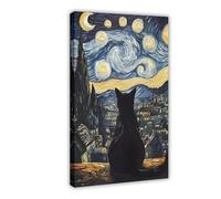 Mystical Black Cat Canvas Wall Art - Enchanted Forest & Moonlight Fantasy Painting - Starry Night & Dreamy Nightscape for Bedroom, Living Room - Gothic Gift for Halloween Decor (2)