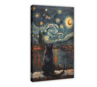 Mystical Black Cat Canvas Wall Art - Enchanted Forest & Moonlight Fantasy Painting - Starry Night & Dreamy Nightscape for Bedroom, Living Room - Gothic Gift for Halloween Decor (1)