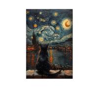 Mystical Black Cat Canvas Wall Art - Enchanted Forest & Moonlight Fantasy Painting - Starry Night & Dreamy Nightscape for Bedroom, Living Room - Gothic Gift for Halloween Decor (1)
