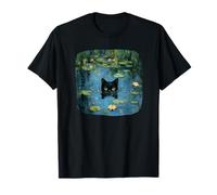 Mystical Black Cat Swimming in Waterlily Pond Art Lover T-Shirt