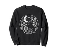 Mystical Black Cat with Crescent Moon, Whimsical Floral Folk Sweatshirt