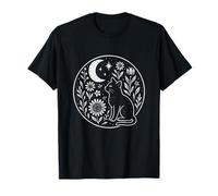 Mystical Black Cat with Crescent Moon, Whimsical Floral Folk T-Shirt