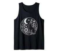 Mystical Black Cat with Crescent Moon, Whimsical Floral Folk Tank Top