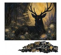 Mystical Black Deer with Golden Flowers Jigsaw Puzzle, 1000 Pieces | Adult Puzzle: New Year puzzle activity, home hobby for puzzle fans.