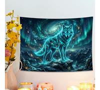 Mystical Blue Wolf Tapestry, Cosmic Night Sky Wall Art, Bohemian Decorative Hanging for Living Room, Bedroom, Dorm, Aesthetic Home Decor 40x30 Inch