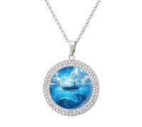 Mystical Boy in The Boat on The Ocean with Blue Whales Multicolored Diamond Necklace Dainty Round Pendants Jewelry for Women Silver-style