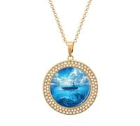 Mystical Boy in The Boat on The Ocean with Blue Whales Multicolored Diamond Necklace Dainty Round Pendants Jewelry for Women Golden-style