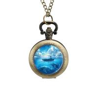 Mystical Boy in The Boat on The Ocean with Blue Whales Pocket Watch Vintage Quartz Pocket Watches with Chain for Men Women Coppery-Style
