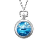 Mystical Boy in The Boat on The Ocean with Blue Whales Pocket Watch Vintage Quartz Pocket Watches with Chain for Men Women Silver-Style