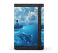 Mystical Boy in The Boat on The Ocean with Blue Whales Trifold Wallet Slim Wallets with ID Window Credit Card Pockets for Men Women