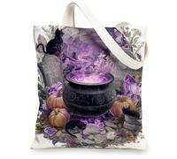 Mystical Canvas Tote Bags, Enchanted Cat Design Reusable Shopping Bags, Witchy Vintage Lightweight Washable Carryall for Gy, Black, 13x15 Inch