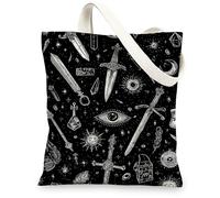Mystical Canvas Tote Bags, Enchanted Elements Pattern Reusable Bags, Vintage Style Lightweight Washable Tote for Gym Outdoo, Black, 13x15 Inch
