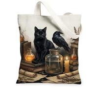 Mystical Cat and Raven Alchemy Canvas Tote Bag 13x15 Inch | Scholarly Gothic aesthetic, Witchy mystical theme, Alchemy potion bottles, Gothic raven decor