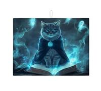 Mystical Cat Dish Drying Mats For Kitchen Counter, Enchanted Blue Absorbent Dish Drainer Mat, Fantasy Microfiber Drying Pad For Coffee Bar Protector 18x24 Inch