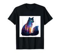 Mystical Cat Forest Night Sky Watercolor Art T-Shirt
