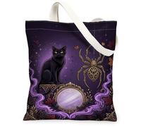 Mystical Cat Gothic Art Halloween Canvas Tote Bag 13x15 Inch | Ornate Mirror, Golden Spider, Autumn Leaves, Celestial Stars, Fanciful Gothic Theme, Mystical Atmosphere, Fall Season