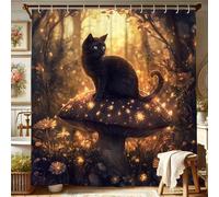 Mystical Cat Shower Curtain, Black Feline on Glowing Mushroom Bathroom Decor, Autumn Fantasy Fairy Art Waterproof Fabric Shower Curtain Set with Hooks 72x72 Inch